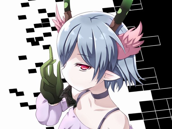 Anime picture 1024x768 with c: the money of soul and possibility control q (control) single short hair simple background red eyes bare shoulders blue hair horn (horns) pointy ears eating girl card (cards)