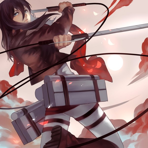 Anime picture 1594x1594 with shingeki no kyojin production i.g mikasa ackerman joseph lee single long hair blue eyes black hair holding looking back open clothes open jacket dual wielding girl weapon sword boots belt scarf thigh strap