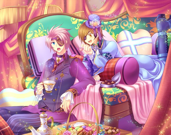 Anime picture 1265x1000 with sengoku basara production i.g date masamune motochika chousokabe short hair open mouth blue eyes brown hair brown eyes pink hair multiple boys boy hat food sweets 2 boys eyepatch cup candy