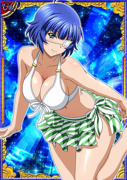 Anime picture 567x800 with ikkitousen ryomou shimei single tall image blush short hair breasts light erotic smile large breasts blue hair ahoge head tilt aqua eyes mole sparkle leaning leaning forward shiny skin striped