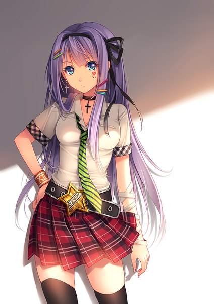 Anime picture 707x1000 with original tidsean single long hair tall image looking at viewer blue eyes purple hair zettai ryouiki hand on hip girl thighhighs skirt black thighhighs shirt choker necktie belt hairband bandage (bandages)