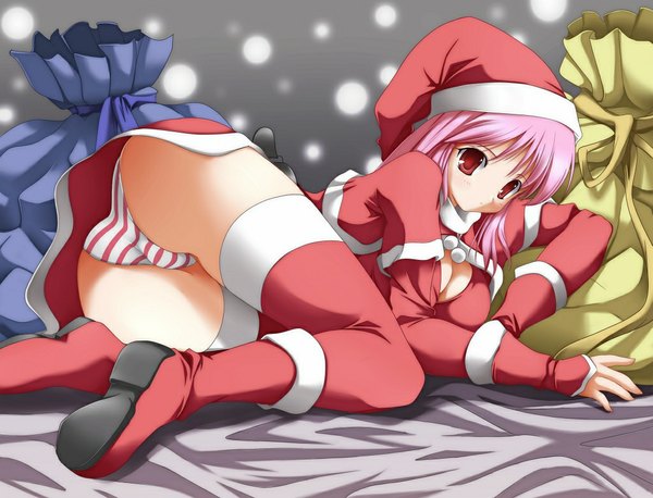 Anime picture 1024x782 with funiki kumi breasts light erotic red eyes pink hair cleavage ass christmas girl thighhighs underwear panties hat boots striped panties santa claus hat santa claus costume