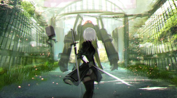 Anime picture 3154x1760 with nier nier:automata yorha no. 2 type b pod (nier:automata) tarbo (exxxpiation) single highres short hair wide image silver hair looking back anaglyph gate girl thighhighs dress gloves weapon black thighhighs plant (plants)