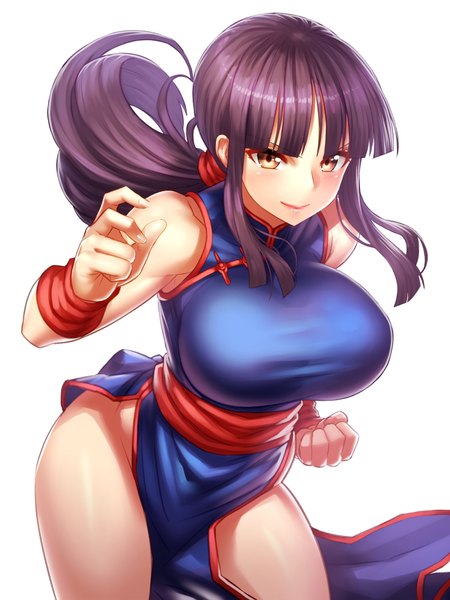 Anime picture 750x1000 with dragon ball dragon ball z chi-chi (dragon ball) yapo (croquis side) single long hair tall image blush fringe breasts light erotic simple background large breasts standing white background bare shoulders yellow eyes purple hair ponytail traditional clothes