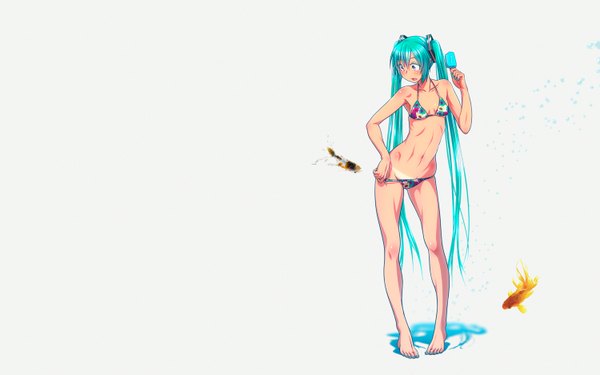 Anime picture 1500x938 with vocaloid hatsune miku wokada single blush open mouth light erotic simple background white background twintails holding very long hair barefoot aqua hair bare belly bare legs looking down undressing surprised tan