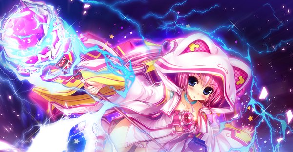 Anime picture 3382x1764 with sakigake generation! clochette benifuzi yuria oshiki hitoshi single long hair blush highres blue eyes light erotic wide image pink hair game cg magic dark background girl dress hood staff