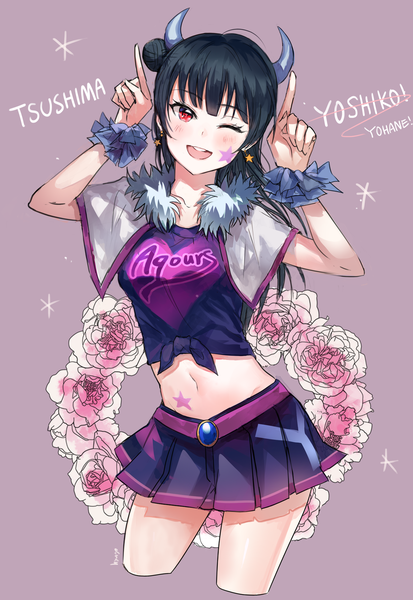 Anime picture 1984x2880 with love live! sunshine!! sunrise (studio) love live! tsushima yoshiko hyugo single long hair tall image looking at viewer highres open mouth black hair simple background red eyes pleated skirt one eye closed horn (horns) wink midriff hair bun (hair buns)