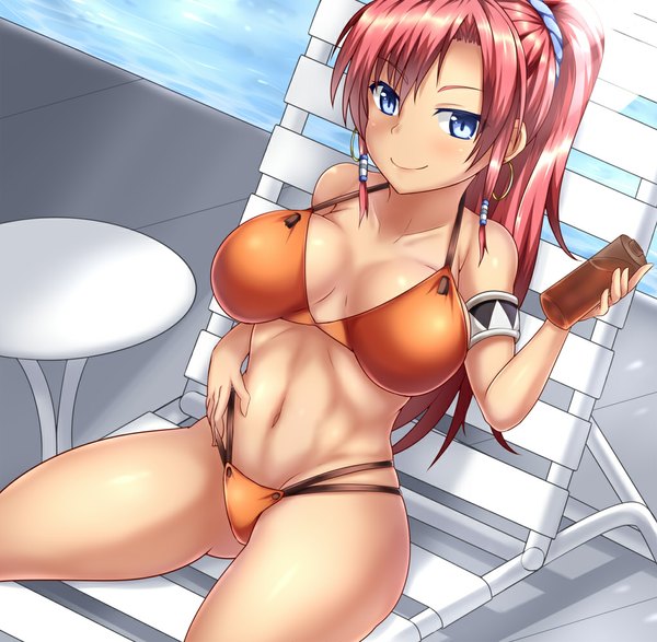 Anime picture 1021x1000 with suisei no gargantia production i.g bellows (suisei no gargantia) shime osamupuni single long hair looking at viewer breasts blue eyes light erotic smile large breasts sitting ponytail red hair girl navel hair ornament swimsuit earrings