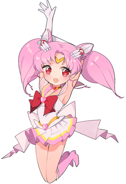Anime picture 600x870 with bishoujo senshi sailor moon toei animation chibiusa sailor chibi moon super sailor chibi moon uttao single tall image blush short hair open mouth red eyes twintails pink hair full body armpit (armpits) hair bun (hair buns) short twintails transparent background arms behind head