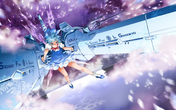 Anime picture 1680x1050 with mobile suit gundam touhou sunrise (studio) cirno short hair blue eyes wide image blue hair sky girl
