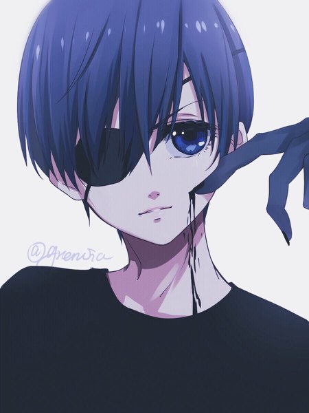 Anime picture 900x1200 with kuroshitsuji a-1 pictures ciel phantomhive grencia tall image fringe short hair blue eyes simple background hair between eyes white background signed blue hair looking away upper body parted lips fingernails hair over one eye solo focus boy