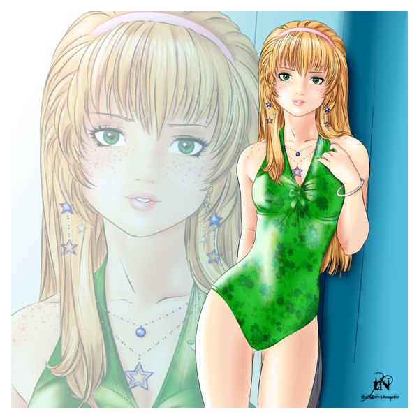 Anime picture 3000x3000 with canvas of life (manga) francisca (canvas of life) thenightwishmaster single long hair looking at viewer highres blonde hair green eyes signed lips framed zoom layer freckles girl swimsuit earrings choker bracelet