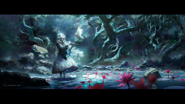 Anime picture 2000x1133 with original pixiv fantasia pixiv fantasia t lost elle long hair highres blonde hair wide image standing eyes closed long sleeves wide sleeves flying girl dress flower (flowers) plant (plants) earrings petals tree (trees)