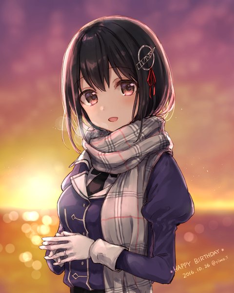 Anime picture 800x1000 with kantai collection haguro heavy cruiser rimo single tall image looking at viewer short hair open mouth black hair red eyes blurry dated evening sunset happy birthday girl hair ornament scarf