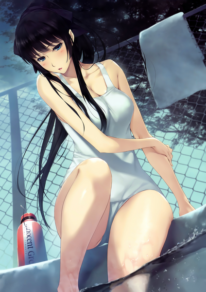 Anime picture 2970x4200 with kara no shoujo innocent grey kayahara yukiko sugina miki single long hair tall image blush highres blue eyes light erotic black hair ponytail girl towel pool white school swimsuit