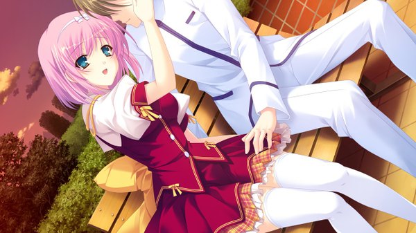 Anime picture 1280x720 with kimi wo aogi otome wa hime ni enatsu ayame short hair blue eyes wide image pink hair game cg couple girl thighhighs white thighhighs serafuku