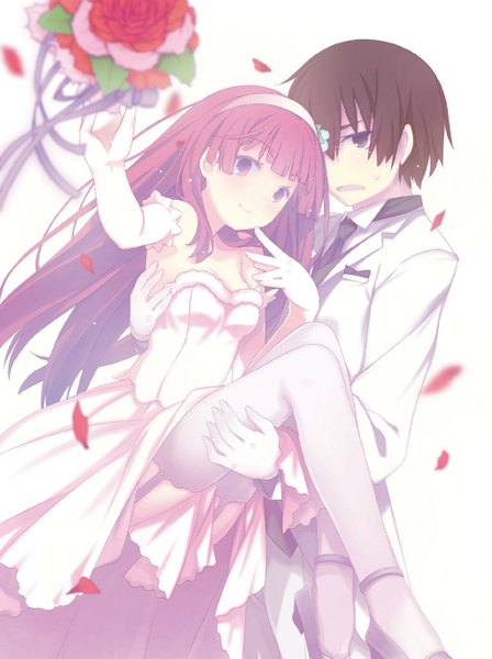 Anime picture 1024x1371 with ore no kanojo to osananajimi ga shuraba sugiru a-1 pictures fuyuumi ai kidou eita ruroo long hair tall image blush fringe short hair simple background smile brown hair white background pink hair scan couple finger to mouth carrying wedding
