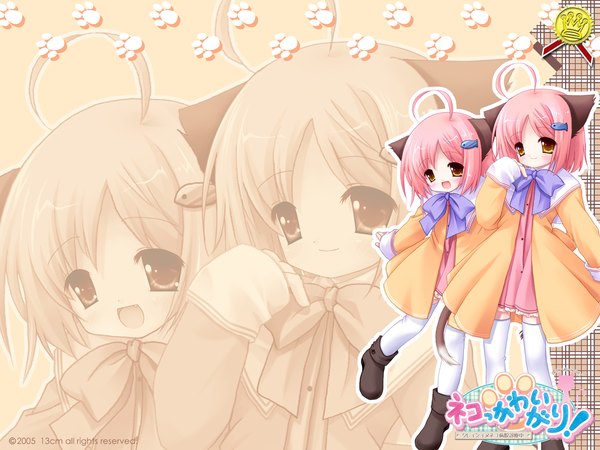 Anime picture 1280x960 with neko kawaii gari! umi nami (inuneko) natsume eri inuzumi masaki blush short hair open mouth multiple girls brown eyes pink hair ahoge loli wallpaper copyright name siblings zoom layer twins sisters girl