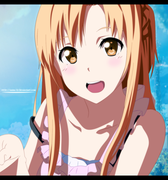 Anime picture 1100x1175 with sword art online a-1 pictures yuuki asuna akira-12 single long hair tall image blush open mouth smile sky cloud (clouds) orange hair orange eyes coloring girl dress
