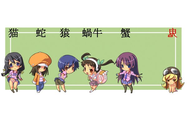 Anime picture 1920x1200 with bakemonogatari shaft (studio) monogatari (series) oshino shinobu senjougahara hitagi hanekawa tsubasa sengoku nadeko hachikuji mayoi kanbaru suruga highres wide image full body chibi