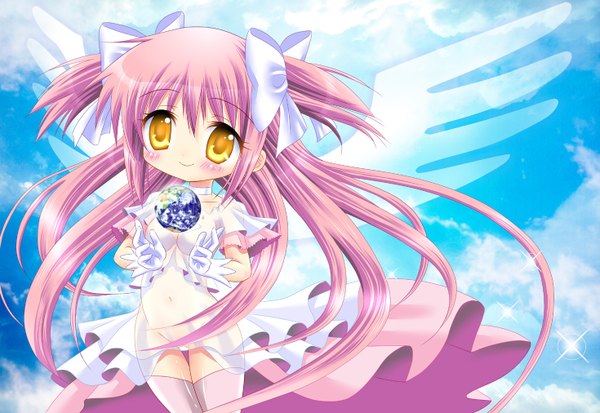 Anime picture 1469x1012 with mahou shoujo madoka magica shaft (studio) kaname madoka goddess madoka yuuki arisu (artist) long hair blush smile yellow eyes pink hair two side up chibi girl dress gloves bow hair bow wings earth