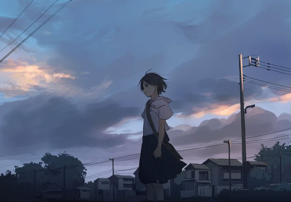 イラスト 1278x888 と オリジナル hanno ソロ 短い髪 立つ looking away 空 cloud (clouds) grey hair black eyes scenic alley 女の子 スカート 制服 学生服 セーラー服 建物 鞄 家