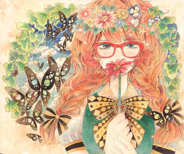 Anime picture 1282x1073 with original akymystk single long hair looking at viewer fringe blue eyes holding braid (braids) orange hair twin braids freckles flag print girl flower (flowers) bow glasses insect butterfly brooch