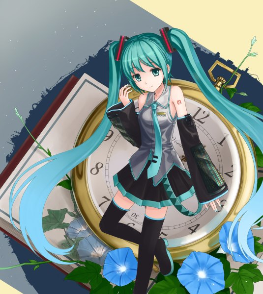 Anime picture 1070x1200 with vocaloid hatsune miku tucana single long hair tall image smile twintails bare shoulders green eyes green hair tattoo girl flower (flowers) detached sleeves necktie book (books) thigh boots clock pocket watch