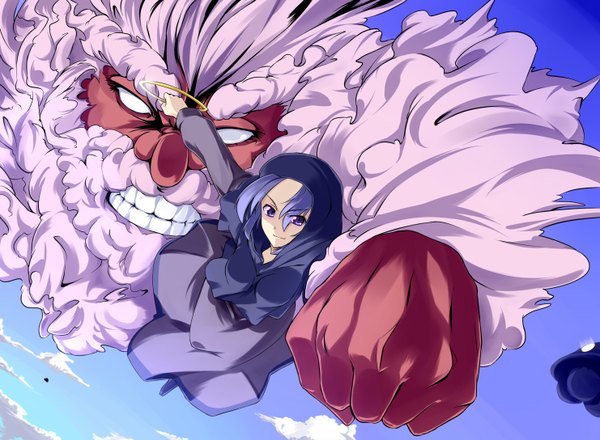 Anime picture 1482x1088 with touhou kumoi ichirin unzan batsu single looking at viewer short hair smile purple eyes holding sky purple hair cloud (clouds) full body long sleeves light smile grin outstretched arm midair punch