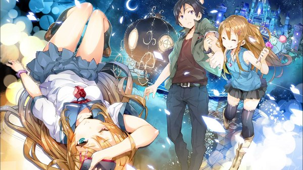 Anime picture 1920x1080 with ore no imouto ga konna ni kawaii wake ga nai kousaka kirino kousaka kyousuke yuugen long hair highres short hair blue eyes black hair blonde hair wide image eyes closed one eye closed wink end card girl thighhighs boy skirt black thighhighs