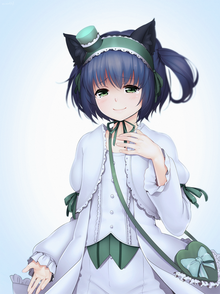 Anime picture 1250x1667 with original eventh7 single tall image looking at viewer blush short hair breasts smile green eyes animal ears blue hair ponytail cat ears tears side ponytail hand on chest flat chest crying otoko no ko