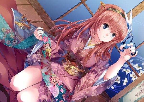 Anime picture 1132x800 with vocaloid enbizaka no shitateya (vocaloid) megurine luka pico (picollector79) single long hair blue eyes sitting pink hair japanese clothes girl flower (flowers) belt hairband kimono scissors