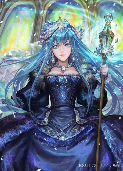 Anime picture 713x992 with original xiaji single long hair tall image looking at viewer fringe breasts hair between eyes standing blue hair cleavage hair flower light smile from below snowing girl dress gloves hair ornament