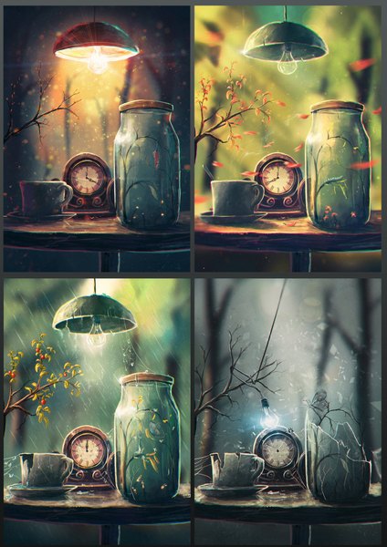 Anime picture 1280x1812 with original sylar113 tall image sunlight light winter rain snow no people summer autumn destruction spring 4 seasons plant (plants) tree (trees) leaf (leaves) clock branch cup