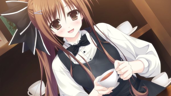 Anime picture 1280x720 with furuiro meikyuu rondo long hair blush open mouth brown hair wide image brown eyes game cg side ponytail girl cup