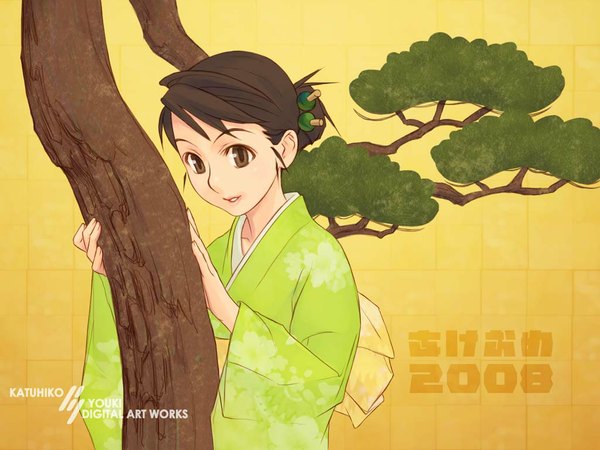Anime picture 1024x768 with yuuki katsuhiko japanese clothes new year happy new year akeome girl kimono
