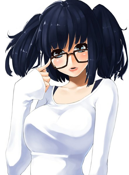 Anime picture 847x1153 with original dokuo.y single tall image looking at viewer blush fringe short hair blue eyes simple background white background twintails blue hair grey eyes short twintails girl glasses