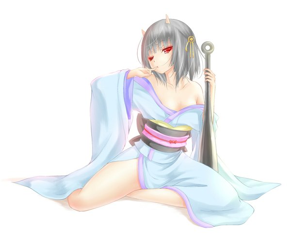 Anime picture 1158x992 with original noppi (noppi 98) single looking at viewer short hair light erotic simple background red eyes white background bare shoulders full body traditional clothes japanese clothes one eye closed horn (horns) grey hair wink finger to mouth girl