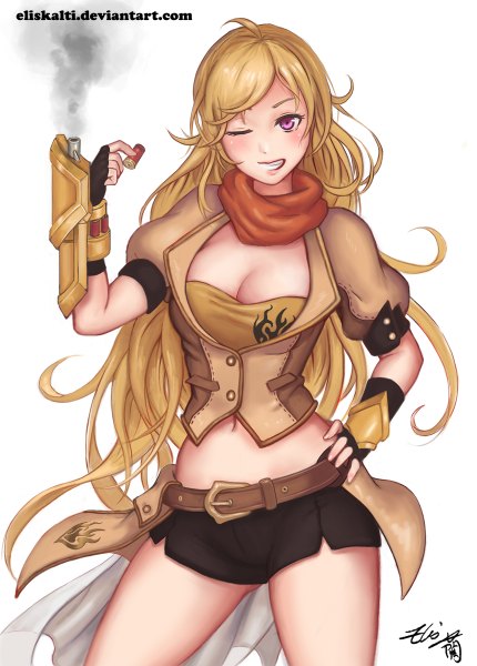Anime picture 860x1200 with rwby rooster teeth yang xiao long eliskalti single long hair tall image blush light erotic simple background blonde hair smile white background one eye closed pink eyes wink hand on hip girl gloves navel