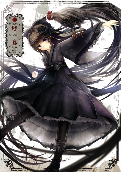 Anime picture 1736x2456 with original missle228 single long hair tall image looking at viewer fringe highres blue eyes black hair signed traditional clothes parted lips head tilt japanese clothes hair flower wide sleeves :o text outstretched arm