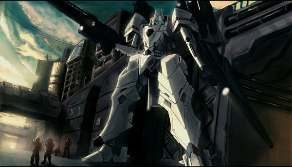 Anime picture 1040x595 with original edward montenegro wide image sky cloud (clouds) city mecha people tunnel