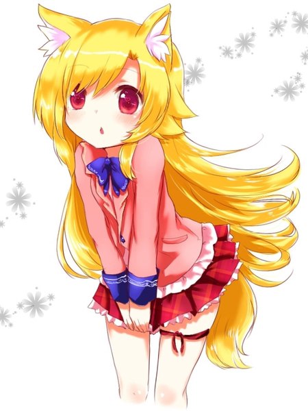 Anime picture 600x800 with original futaba akane naomi (sekai no hate no kissaten) single long hair tall image blush fringe open mouth blonde hair red eyes white background animal ears looking away tail animal tail pleated skirt leaning leaning forward fox ears