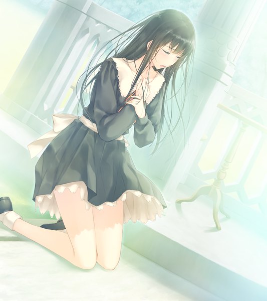 Anime picture 1280x1440 with flowers (innocent grey) innocent grey shirahane suou single long hair tall image open mouth black hair game cg eyes closed girl dress uniform school uniform