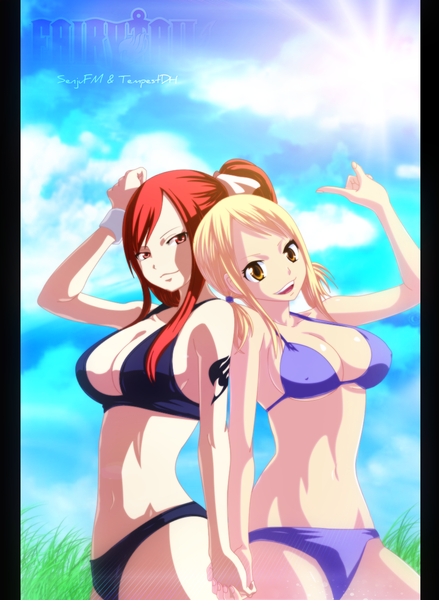 Anime picture 897x1227 with fairy tail lucy heartfilia erza scarlet tempestdh senjufm long hair tall image open mouth light erotic blonde hair smile red eyes twintails multiple girls brown eyes sky cloud (clouds) ponytail red hair sunlight