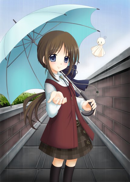 Anime picture 1600x2244 with symphonic rain tortinita fine mizumohikari single long hair tall image looking at viewer blue eyes smile brown hair standing ponytail light smile rain outstretched hand brick wall girl dress skirt bow