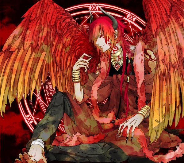 Anime picture 1100x980 with original niimo single long hair fringe red eyes sitting looking away red hair profile barefoot horn (horns) light smile pointy ears black eyes tattoo face paint demon demon boy boy