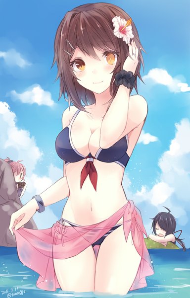 Anime picture 640x1000 with kantai collection aoba heavy cruiser furutaka heavy cruiser kako heavy cruiser kabocha torute long hair tall image looking at viewer blush fringe short hair breasts light erotic black hair smile brown hair standing bare shoulders multiple girls yellow eyes