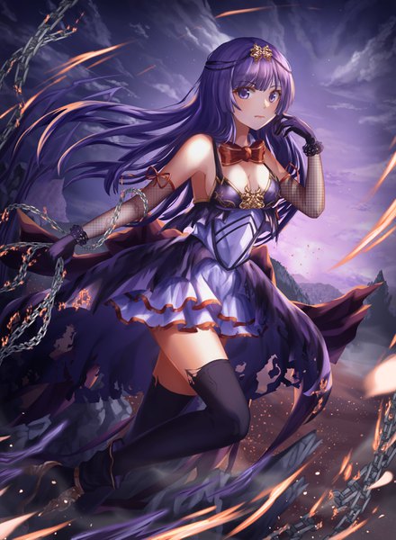 Anime picture 2256x3074 with original gya (144) single long hair tall image looking at viewer fringe highres breasts purple eyes cleavage purple hair girl thighhighs dress gloves black thighhighs black gloves chain