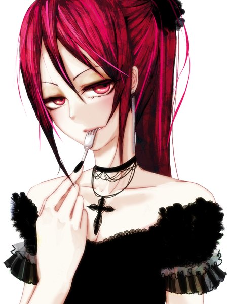 Anime picture 1500x2000 with original memai single tall image blush ponytail red hair pink eyes fingernails lips puffy sleeves long fingernails eyeshadow gothic girl hair ornament choker feather (feathers) cross lace