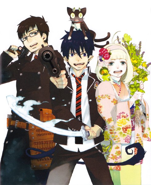 Anime picture 3388x4161 with ao no exorcist a-1 pictures okumura rin okumura yukio moriyama shiemi nii (ao no exorcist) tall image fringe highres short hair open mouth blonde hair absurdres tail japanese clothes scan glowing twins girl boy